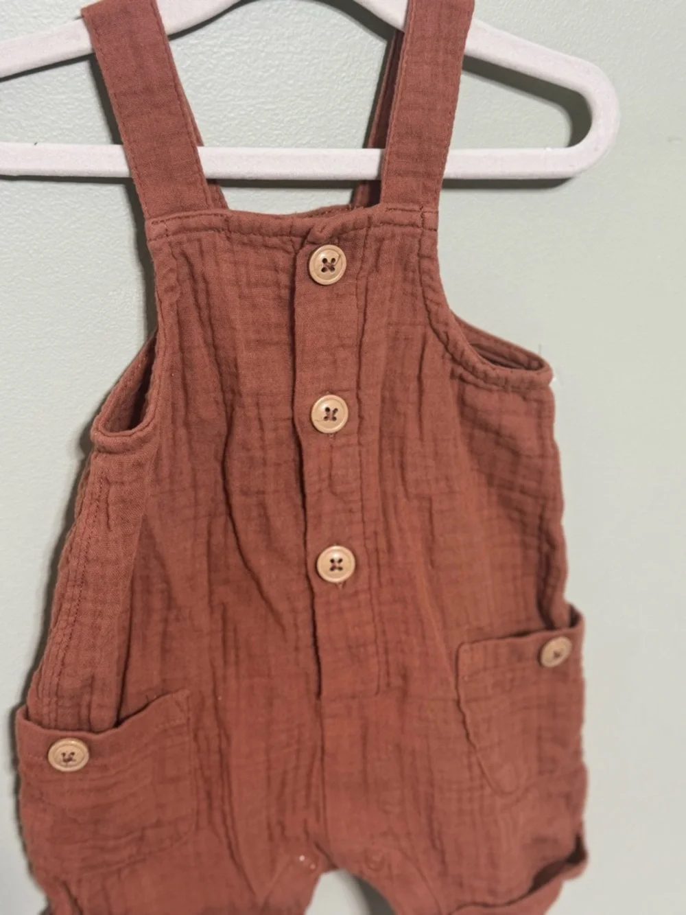 NWOT Cat & Jack Rust Brown Cotton Gauze Infant Overalls Romper, 3-6 Months - Picture 2 of 4